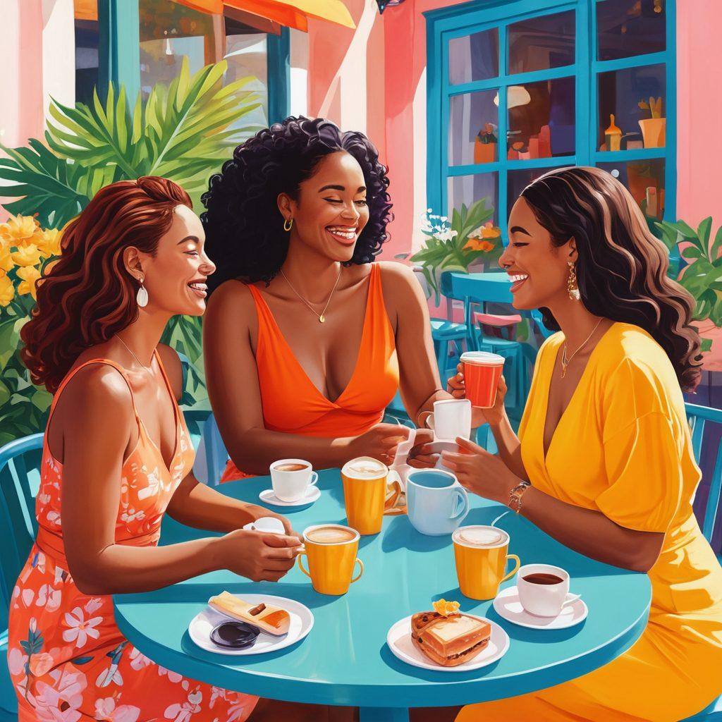 A vibrant illustration of diverse women in a playful, outdoor café setting, joyfully engaging in conversation, showcasing various body types and styles. Emphasize heartwarming smiles, wearing colorful outfits that celebrate their individuality and cleavage in a tasteful manner. Include elements like flowers, coffee cups, and supportive signs about body positivity around them. The scene exudes warmth, friendship, and empowerment. colorful illustration. vibrant colors. soft lighting.