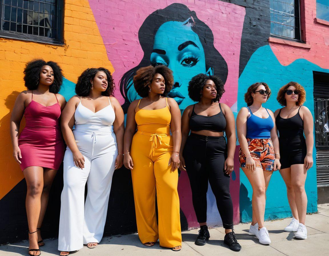 A thoughtful portrayal of a diverse group of women, each embodying different aspects of femininity, depicted in a vibrant urban setting. They are engaged in artistic expression, showcasing body positivity and self-acceptance, with abstract murals in the background. The scene conveys strength, individuality, and empowerment, celebrating the beauty of the female form. super-realistic. vibrant colors. 3D.