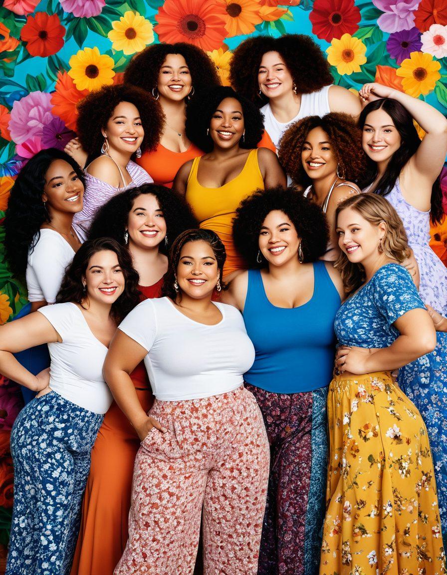 A diverse group of women of all shapes and sizes joyfully embracing their bodies, surrounded by empowering quotes about body positivity. Each woman expresses herself through unique clothing styles and candid poses, with vibrant flowers and colorful fabrics in the background. The scene radiates warmth, confidence, and celebration of self-love. super-realistic. vibrant colors. soft-focus background.